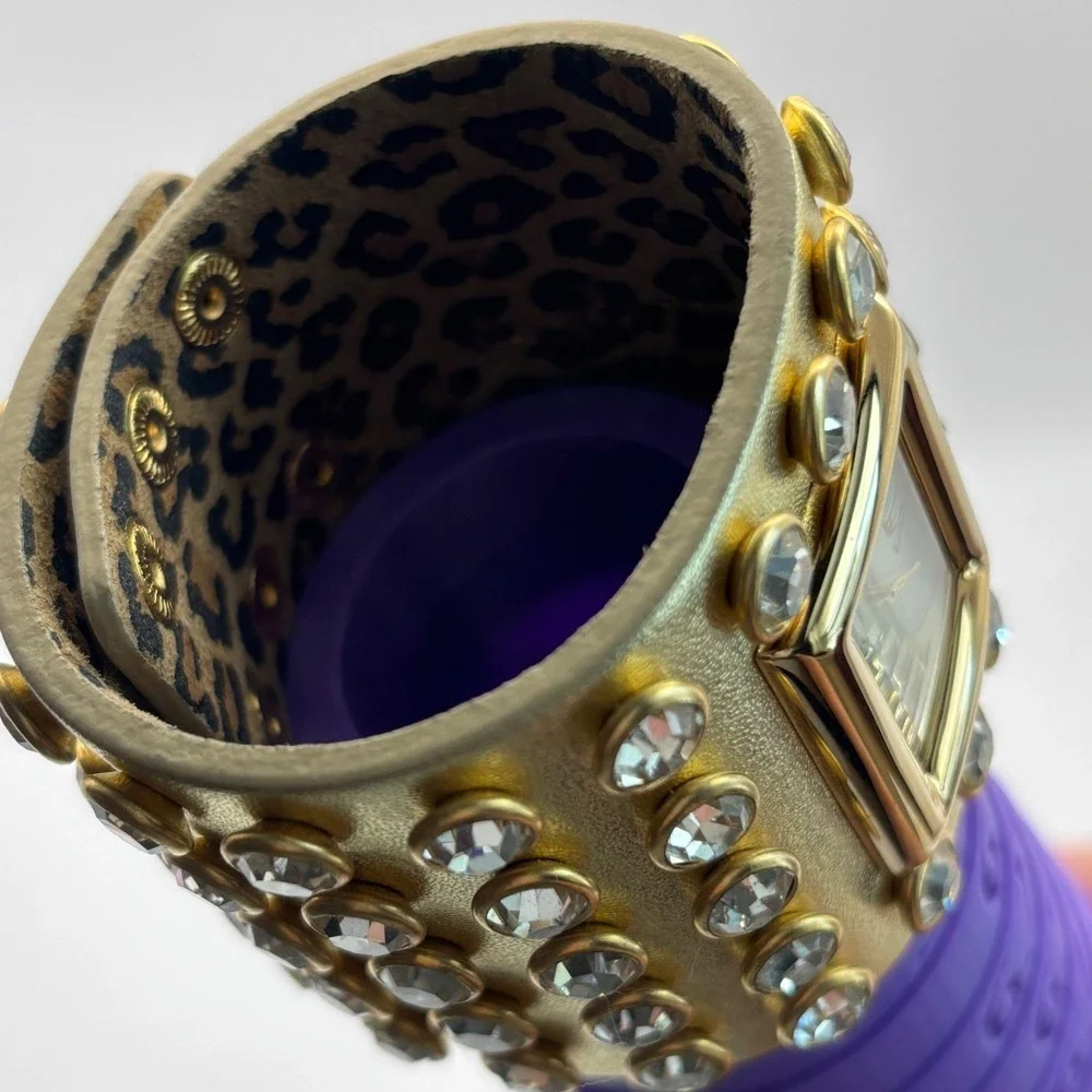 Betsey Johnson Leather Crystal Watch Wide Cuff Gold Tone - Needs Battery - Picture 13 of 15